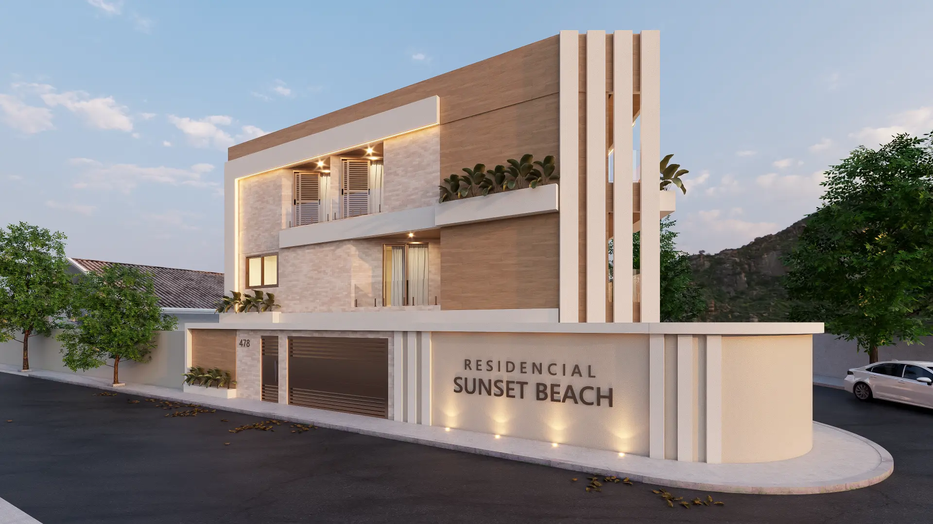 Fachada do Residencial Sunset Beach em Praia Grande ao entardecer
